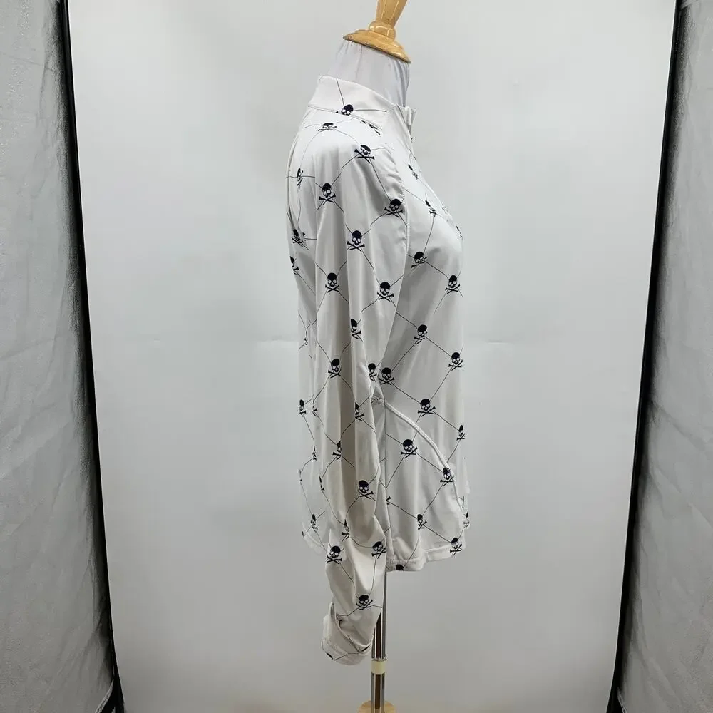 G/Fore Top Womens M Medium White Navy Skull Motif 1/4 Zip Ruched Long Sleeves